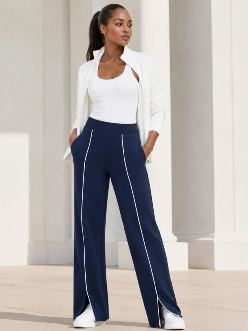 NWT SPANX Airpique Straight Leg track pants Navy white stripe Small Tall
